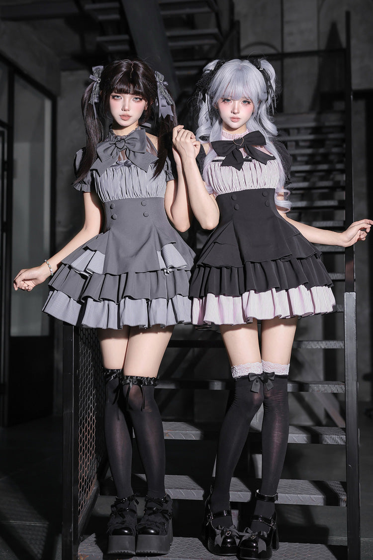 Black Square Collar Off Shoulder Short Sleeves Triple-Layered Bow Vintage Cool Lolita Dress