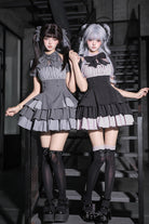 Black Square Collar Off Shoulder Short Sleeves Triple-Layered Bow Vintage Cool Lolita Dress