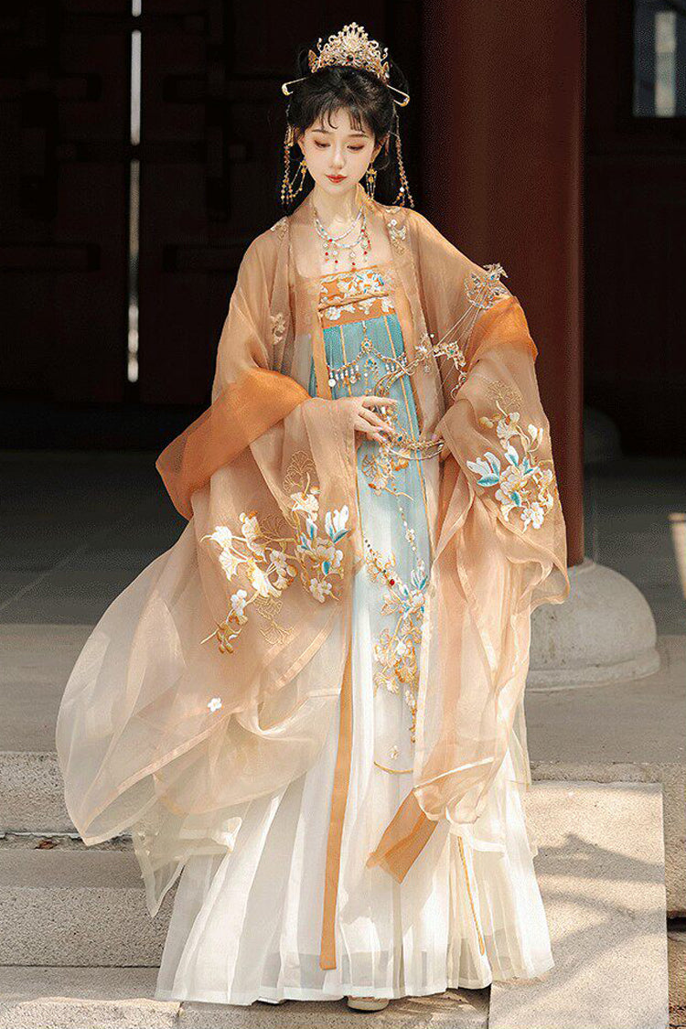 Orange [Cloud Brocade And Spring Splendor] High Waisted Embroidered Women's Classic Luxurious Hanfu Dress Set