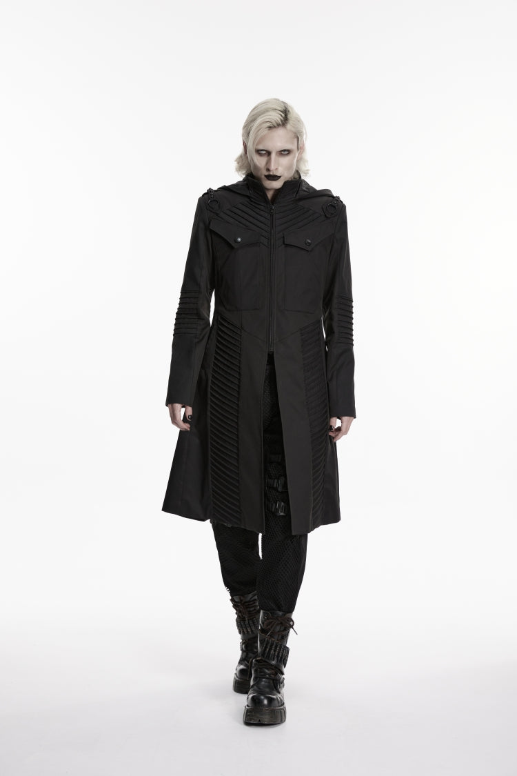 Black Stand Collar Long Sleeves Hooded Zippered Men's Punk Jacket