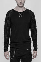 Black Long Sleeves Metal D-Buckle Ripped Men's Steampunk T-Shirt