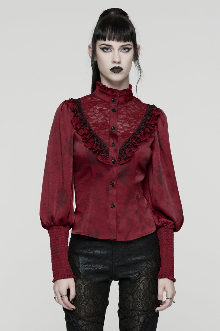 Red Stand Collar Long Puff Sleeves Ruffle Stitching Lace Women's Gothic Blouse