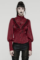 Red Stand Collar Long Puff Sleeves Ruffle Stitching Lace Women's Gothic Blouse