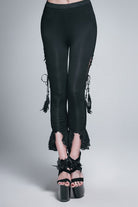 Black Side Hollow Out Lace Up Slit Lace Hem Gothic Womens Pants