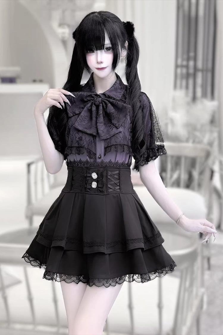 [Dark Moon Shadow] Short Sleeves Double-Layered Ruffled Embroidered Bow Lace-Up Gothic Jirai Kei Lolita Top + Skirt Set
