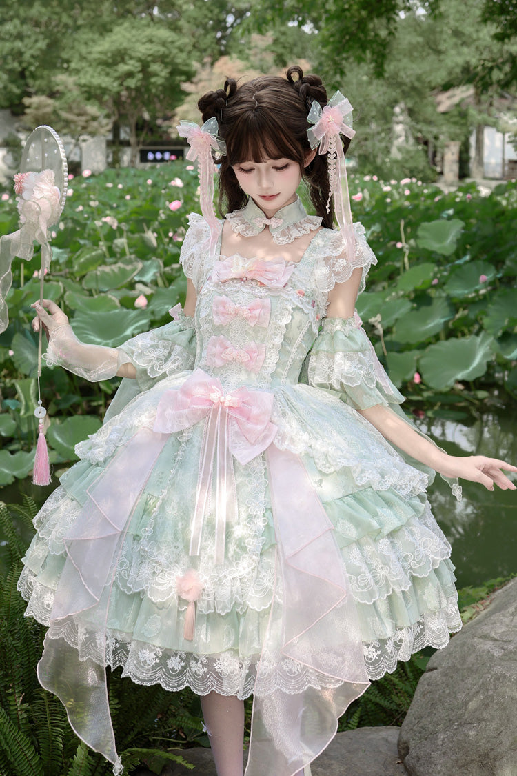 Green [Spring Waters Reflecting Pear Blossoms] Ruffled Embroidered Open-Front Bow Lace Sweet Lolita Jsk Dress
