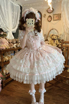 Pink [Snow Kissed Romance] Sleeveless High Waisted Multi-Layered Bowknot Lace Pearl Sweet Ballet Lolita Jsk Dress