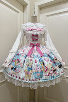 White [Floral Whisper] Bear Print Ruffle Bowknot Lace Sweet Princess Lolita Jsk Dress
