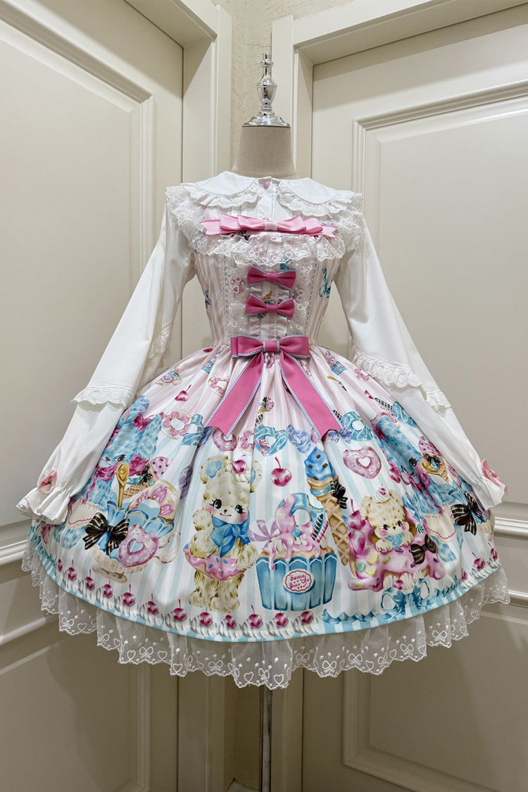 White [Floral Whisper] Bear Print Ruffle Bowknot Lace Sweet Princess Lolita Jsk Dress