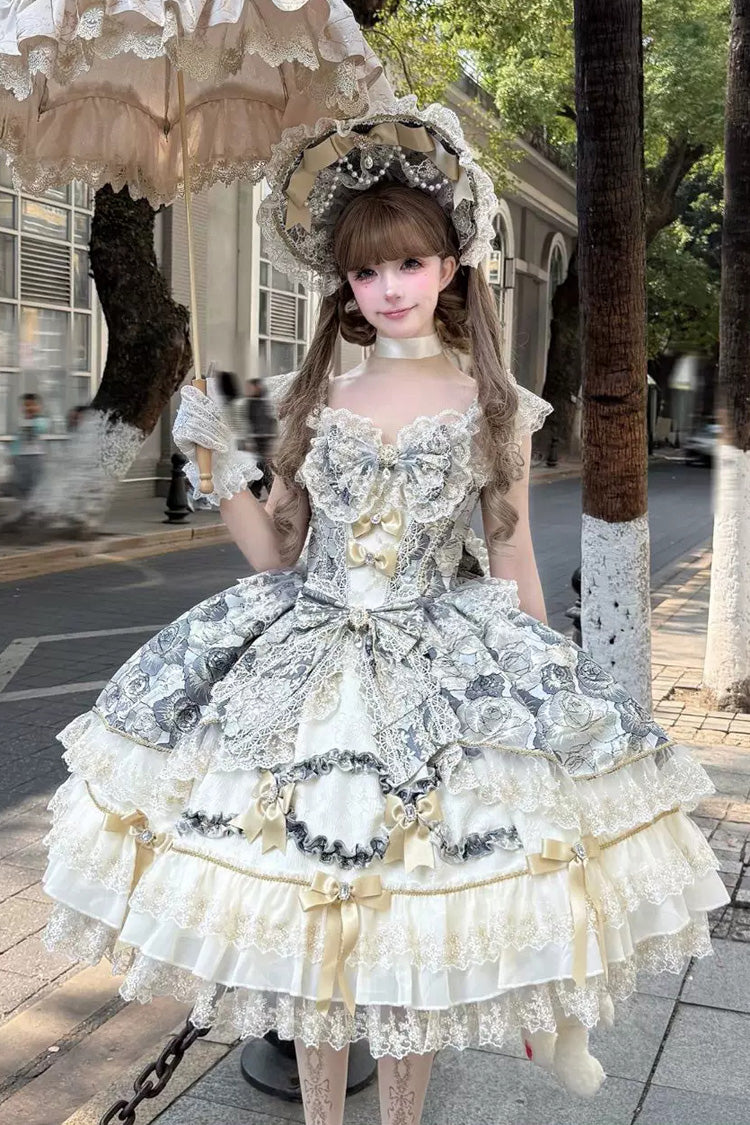 Black [Gilded Waltz] Square Collar Sleeveless Printed Ruffled Embroidered Bow Lace Gorgeous Sweet Lolita Jsk Dress