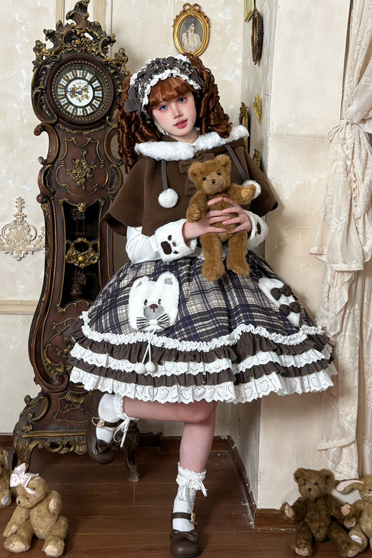 Brown Long Sleeves Triple-Layered Printed Ruffled Bow Sweet Lolita Jsk Dress Set
