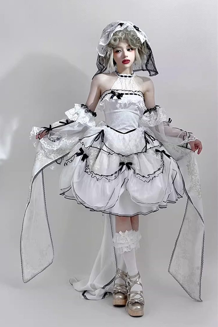 White [Cascade Poem] Sleeveless Multi-Layered Ruffle Hanayome Bowknot Lace Gothic Plus Size Gorgeous Lolita Jsk Short Dress