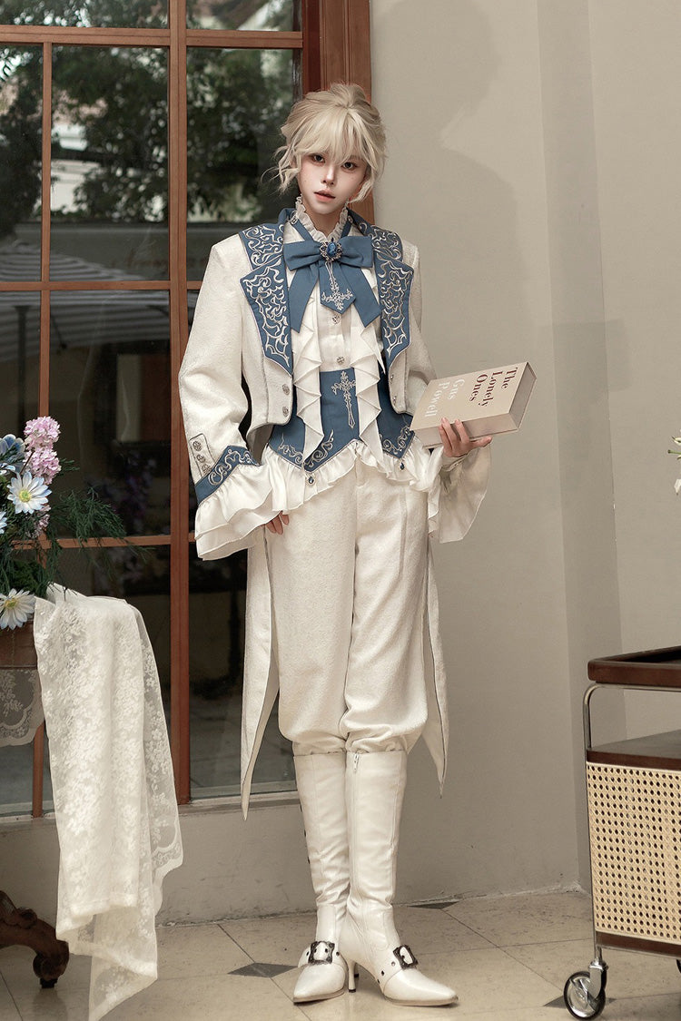 White [Moonlit Paladin Prince] Ruffle Embroidery Bowknot Classic Prince Handsome Ouji Lolita Set