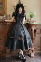 Black [Flowers in the Mist] Off Shoulder Halterneck Print Ruffle Gothic Elegant Lolita Dress