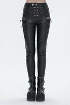 Black Stretch Faux Leather Paneled Mesh Women's Punk Trousers