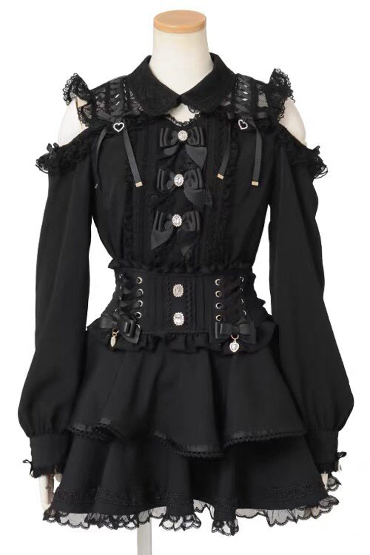 Sweet Lapel Collar Off Shoulder Long Sleeves Bow Spliced Lace Plus Size Japanese Lolita Blouse 3 Colors