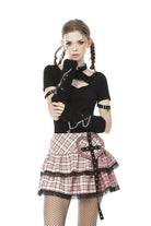 Pink Rock Heart Plaid Double-Layered Ruffled Women's Lolita Mini Skirt with Lace Hem