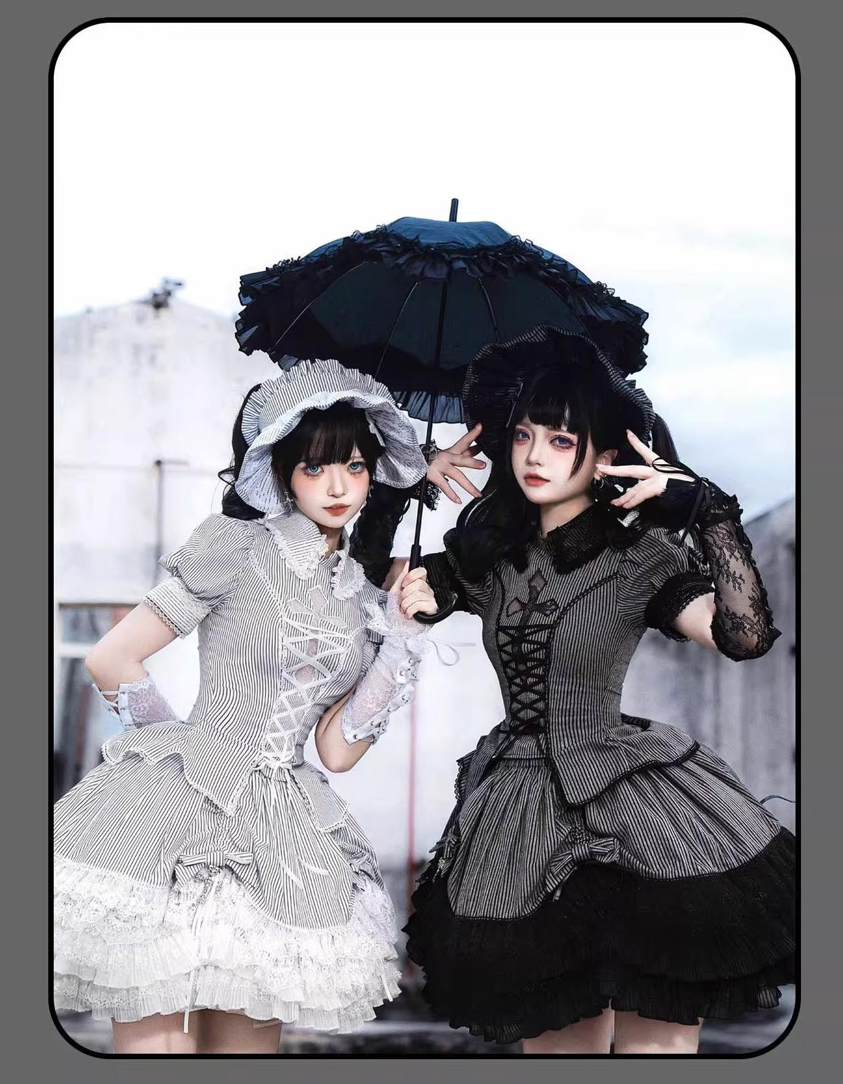 Striped Cross - Gothic Coordinated Lolita Set, Adjustable Blouse & Skirt