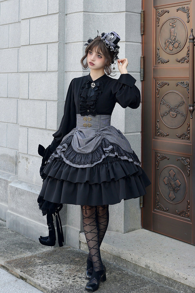 Black [Point Manor] Multi-Layered Striped Printed Ruffled Lifted Hem Bow Gothic Lolita Skirt