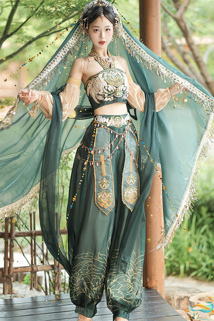 Green [Princess Of The Guo Huang Flying Apsaras] Halterneck High Waisted Printed Embroidered Women's Gorgeous Hanfu Pants Set