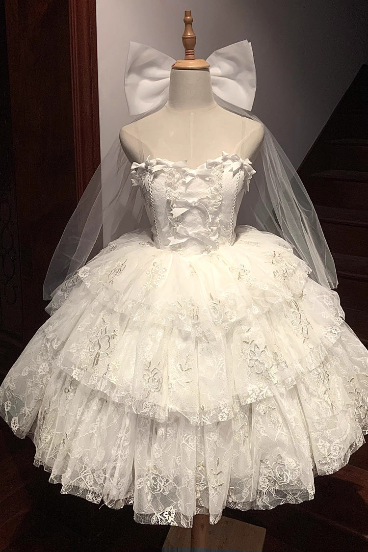 White Short Sleeves Multi-layer Print Hanayome Bowknot Sweet Princess Lolita Strapless Dress