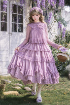 Sweet Stand Collar Long Sleeves Multi-Layered Ruffled Color-Blocked Lolita Tiered Dress 14 Colors