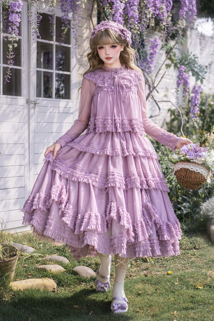 Sweet Stand Collar Long Sleeves Multi-Layered Ruffled Color-Blocked Lolita Tiered Dress 14 Colors