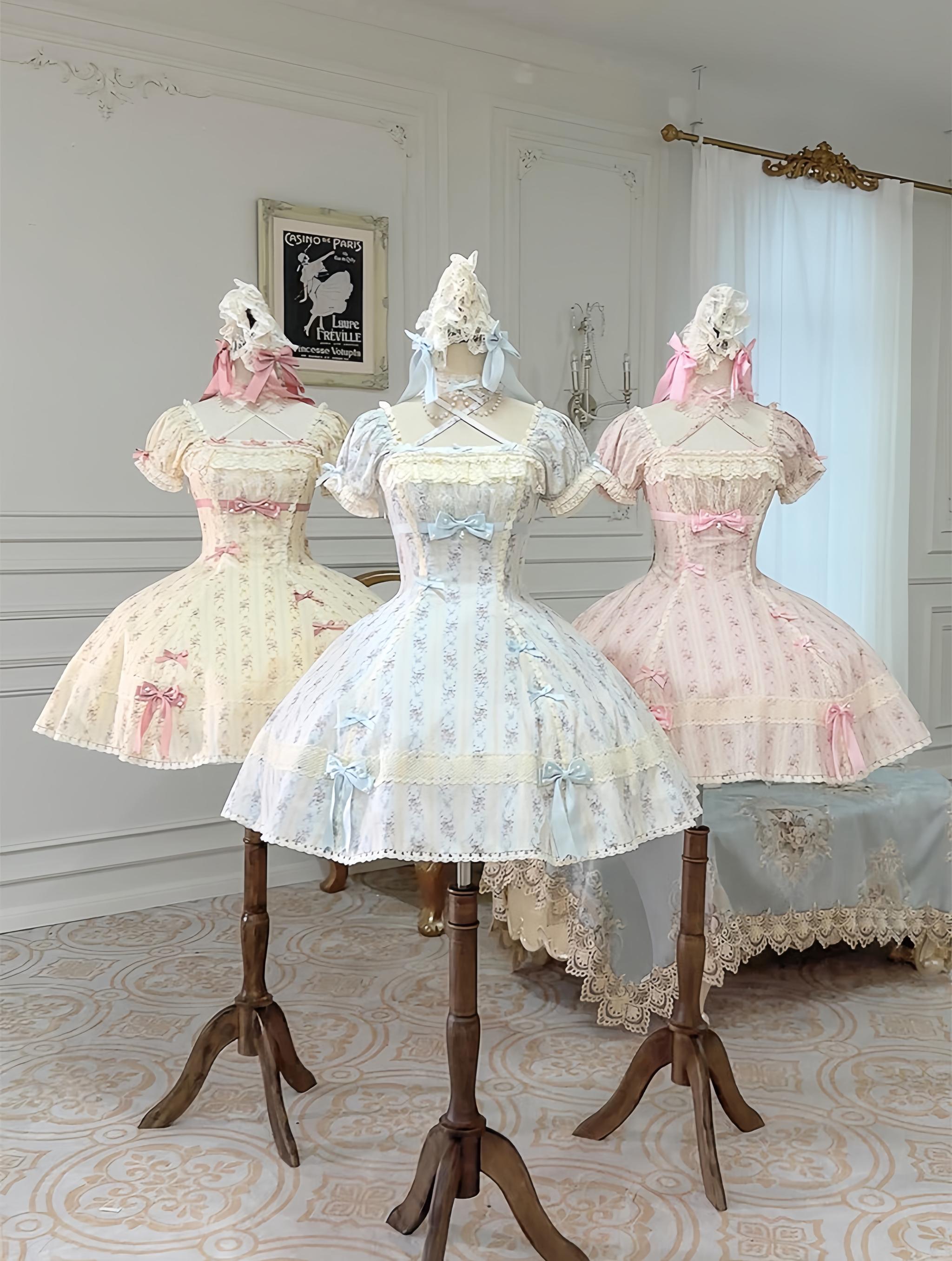 Garden Encounter of Three Springs - Cotton Old School Lolita Floral Print OP, Lace Back Opening