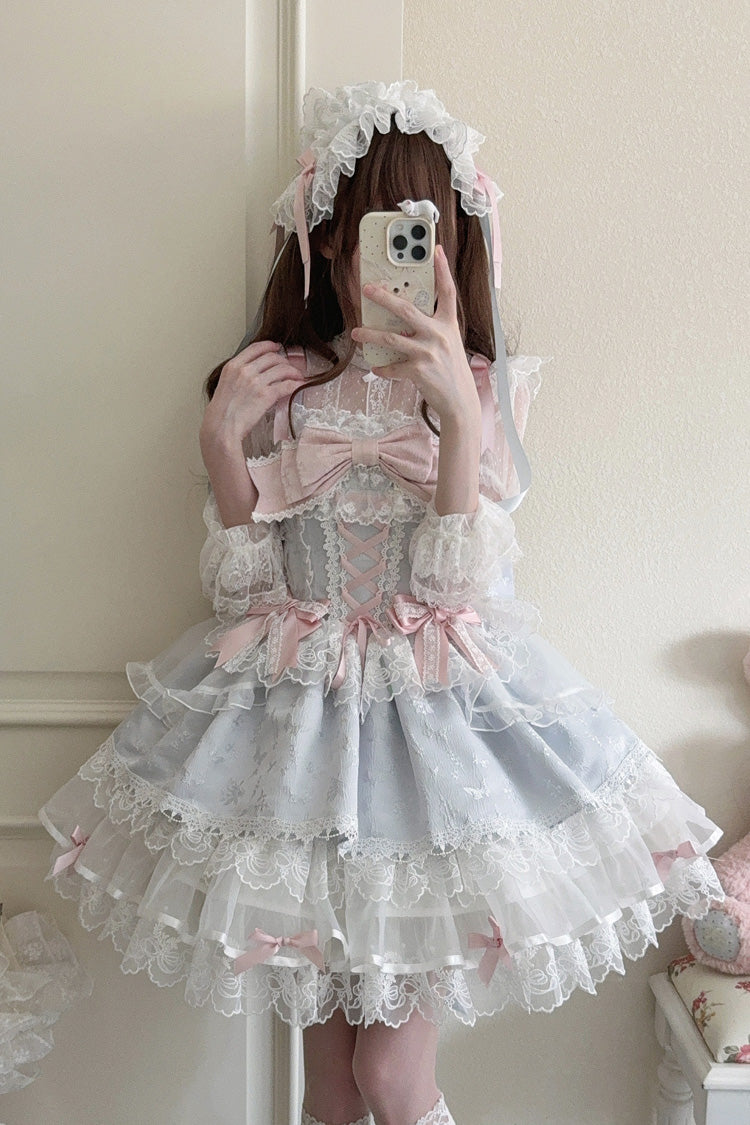 Blue [Fleishi Island] Sleeveless Ruffle Bowknot Lace Slim Sweet Ballet Lolita Jsk Dress