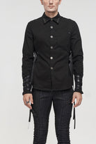 Black Nylon Strap Metal Buckle Decoration Long Sleeve Elasticity Men's Punk Shirt