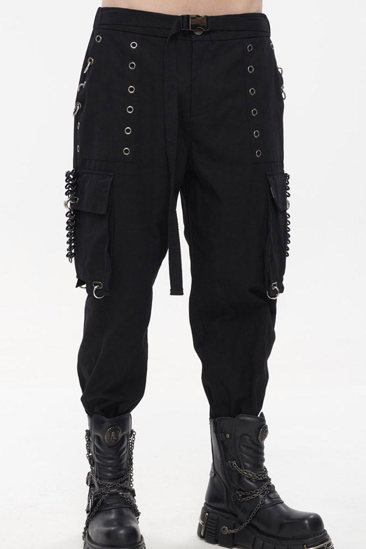 Black Punk Tatting Multi-Pocket Metal Chain Cargo Men's Pants