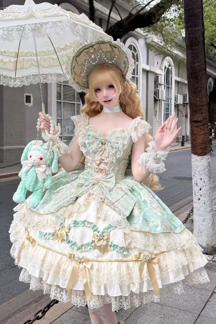 Green [Gilded Waltz] Square Collar Sleeveless Printed Ruffled Embroidered Bow Lace Gorgeous Sweet Lolita Jsk Dress