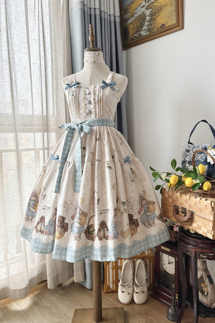Ivory [Midsummer Bunny Bear] Printed Ruffled Bow Sweet Lolita Dress 2 Versions