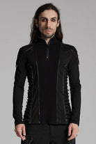 Black Long Sleeves Rivet Zipper Drawstring Men's Punk Blouse