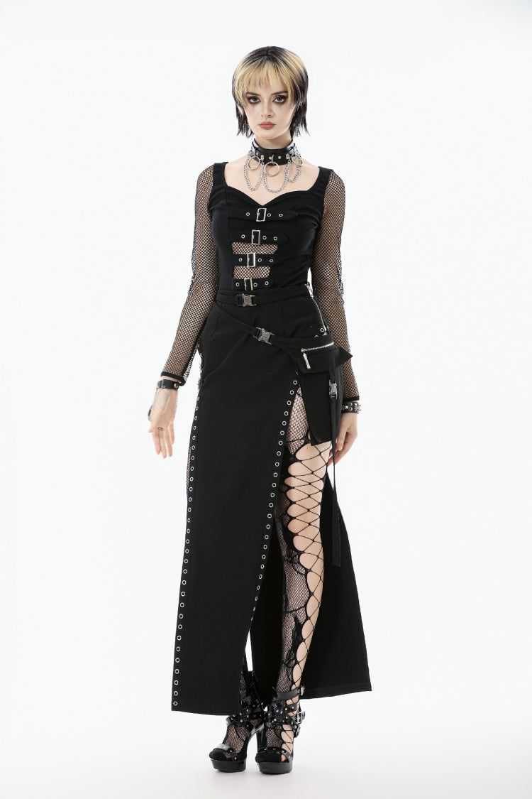 Black Strap Buckled Women's Punk Eyelet High-Slit Midi Skirt with Detachable Pocket