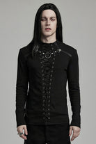 Black Long Sleeves Stitching Lace-Up Ripped Men's Punk Blouse
