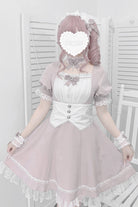 Pink/White Short Sleeves Ruffle Bowknot Cross Waist Maid Sweet Japanese Lolita Dress Set