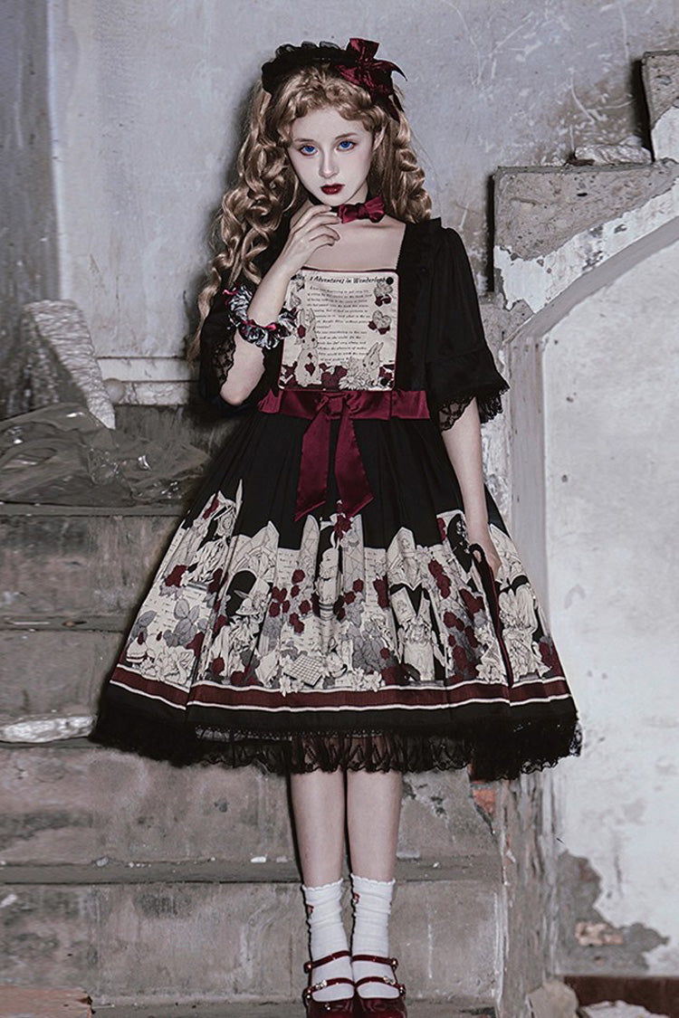 Black [Alice of the Asylum] Print Bowknot Lace Gothic Lolita Dress 2 Versions