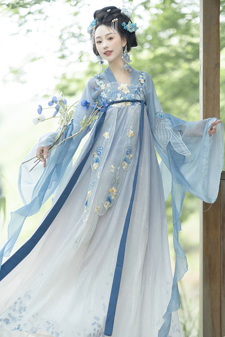 Blue [Princess Of The Sea] Hime Sleeves High Waisted Embroidered Women's Sweet Hanfu Dress Set