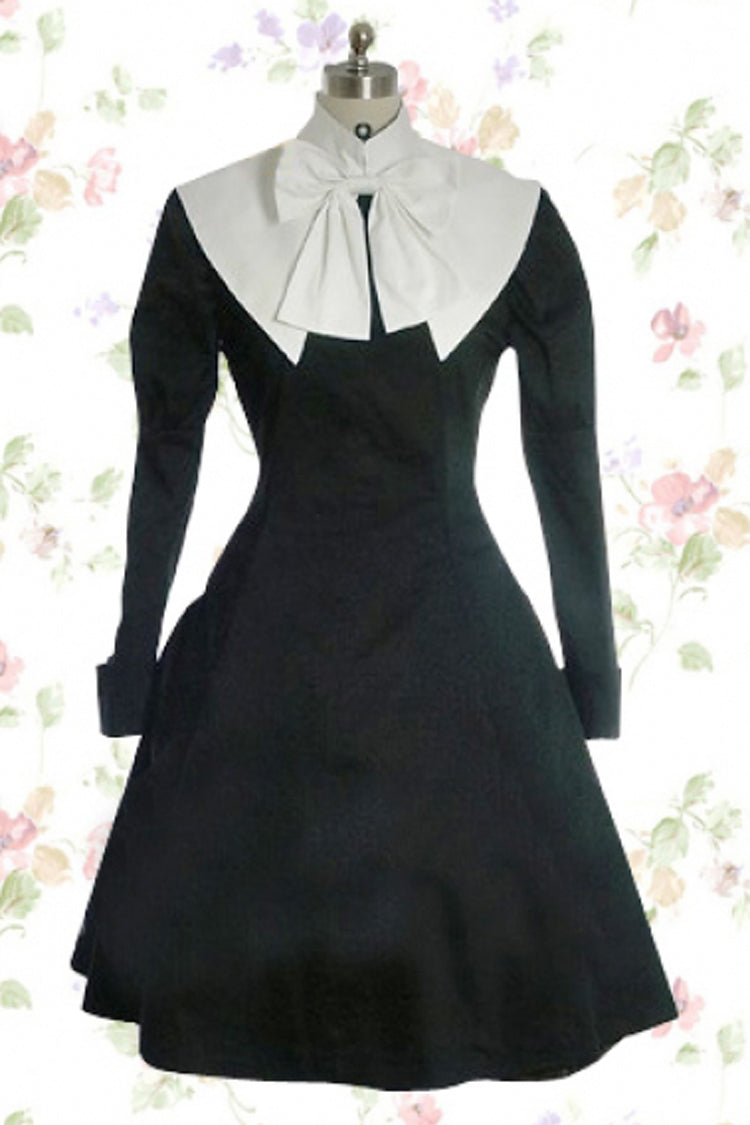 Black/White Cotton Stand Collar Long Sleeves Knee-length Bowknot Gothic Lolita Dress
