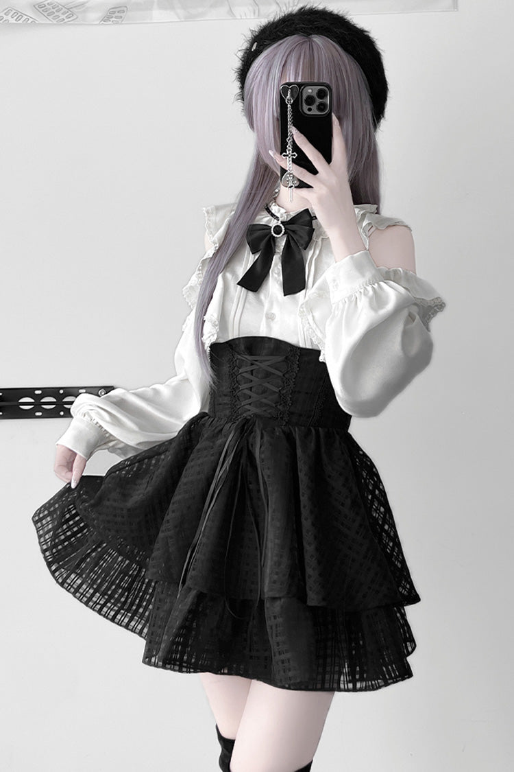 Black [Blackberry Rite] Lace Bowknot Lace-Up Jirai Kei Skirt