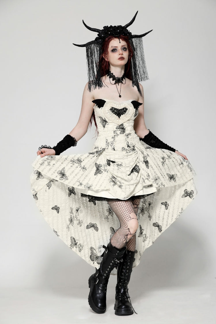 Black/White Butterfly Embroidered Lace-Up Women's Gothic High/Low Honeymoon Dress