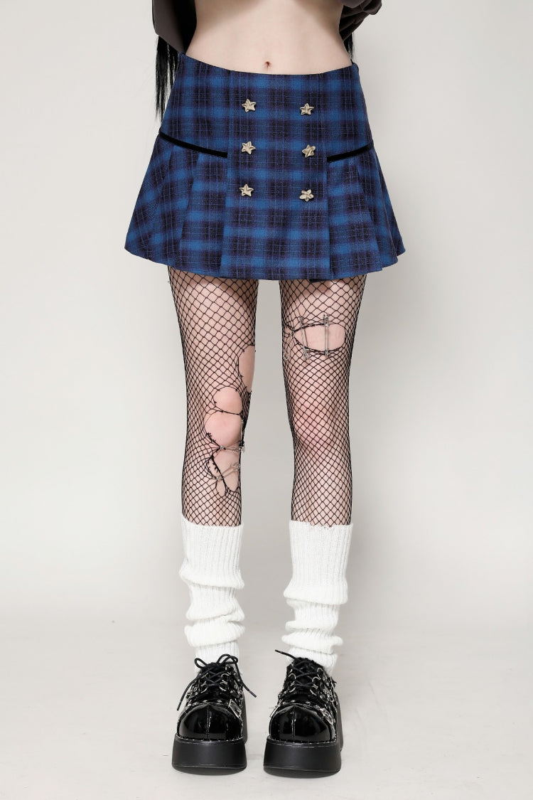 Blue Women's Vintage College Style Stars Plaid Pleated Short Skirt