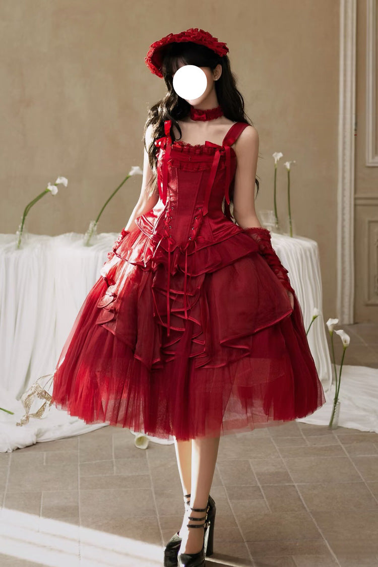 Red [The Summer Waves Sparkle] Square Collar Sleeveless Multi-Layered Ruffled Bow Lace-Up Slim Classic Lolita Skirt Set