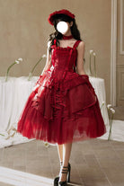 Red [The Summer Waves Sparkle] Square Collar Sleeveless Multi-Layered Ruffled Bow Lace-Up Slim Classic Lolita Skirt Set