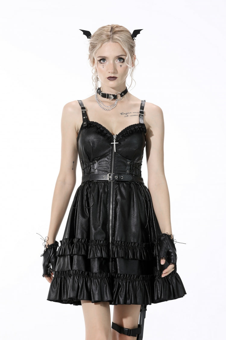 Black Sleeveless Layered Buckled Zippered Women's Gothic Faux Leather Strap Dress