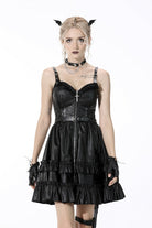 Black Sleeveless Layered Buckled Zippered Women's Gothic Faux Leather Strap Dress