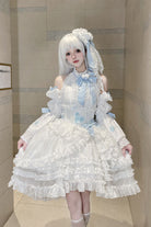 White Detachable Long Trumpet Sleeves Triple-Layered Ruffle Hanayome Bowknot Lace Sweet Lolita Dress