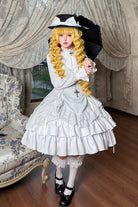 White [Point Manor] Stand Collar Long Sleeves Multi-Layered Striped Printed Ruffled Lifted Hem Bow Gothic Lolita Dress