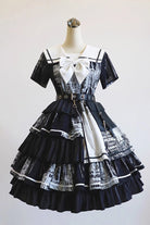 Black Short Sleeves Multi-Layered Print Ruffle Bowknot Asymmetric Punk College Style Lolita Dress